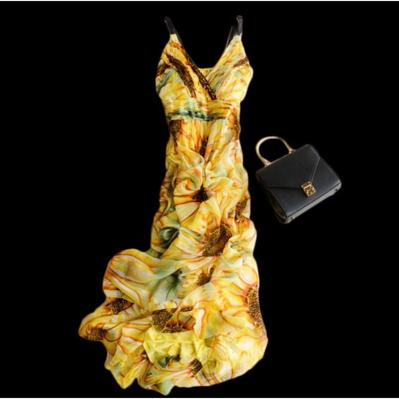 Pure Silk Beach Dress Yellow Long Women Summer Clothing